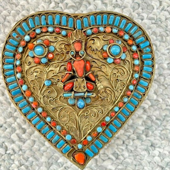 Handmade Other - Antique Tibetan Ghau, Gau, box encrusted with glass beads depicting goddess Tara